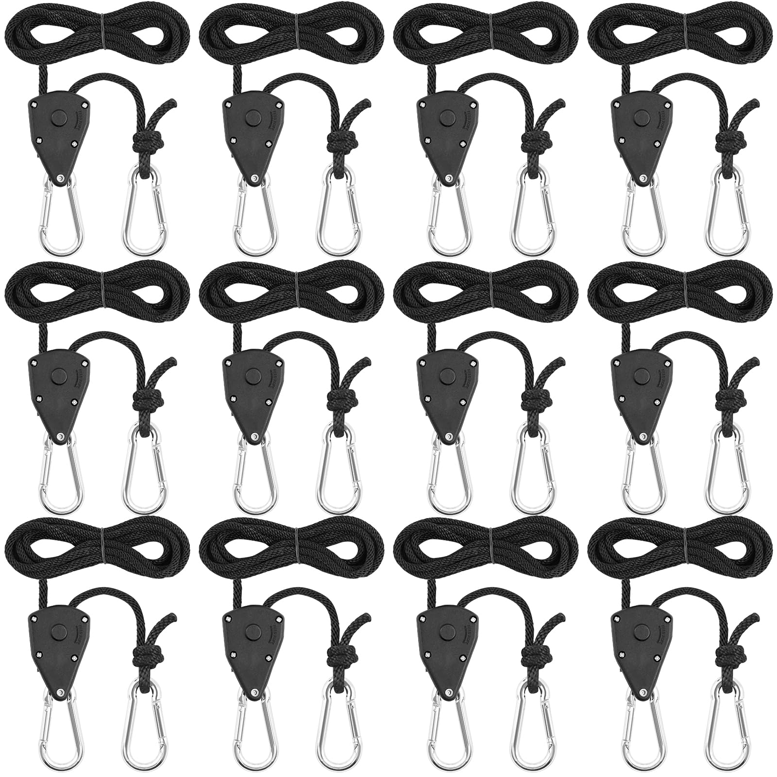 12 Stück 1/8 Zoll Ratchet Hanger Heavy Duty Einstellbare Ratsche Seil Aufhänger für Pflanzen, Seilratsche Ventilatoren & Lampen, 68 kg Tragkraft pro Paar (Geknotete Version) von wiksite