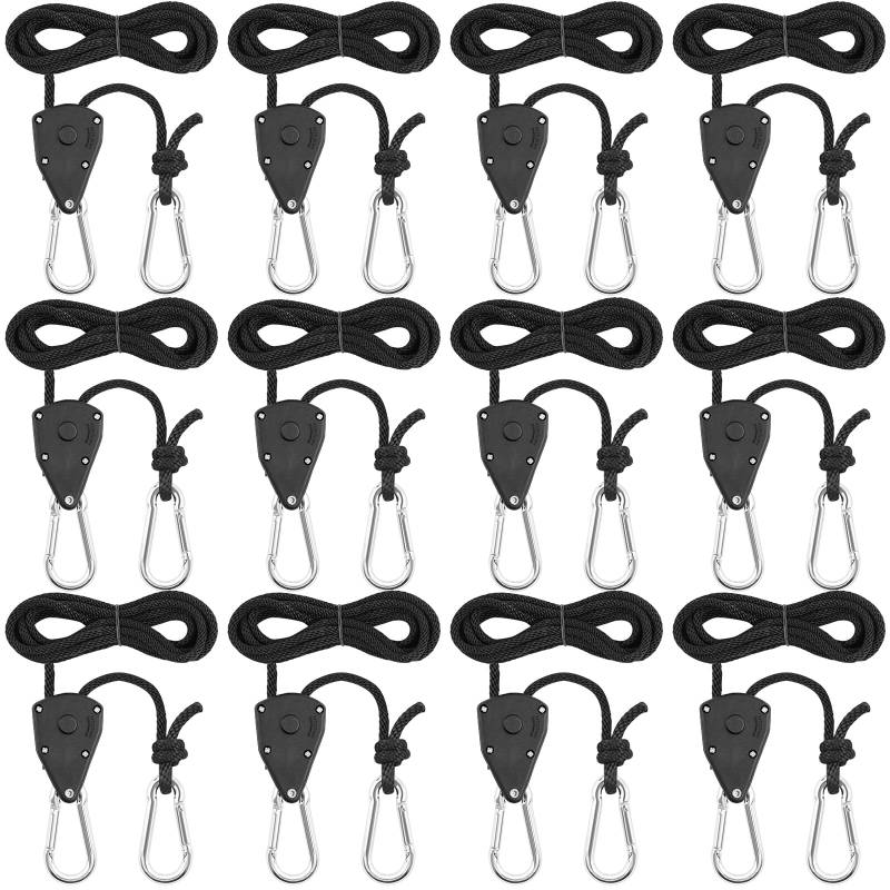 12 Stück 1/8 Zoll Ratchet Hanger Heavy Duty Einstellbare Ratsche Seil Aufhänger für Pflanzen, Seilratsche Ventilatoren & Lampen, 68 kg Tragkraft pro Paar (Geknotete Version) von wiksite