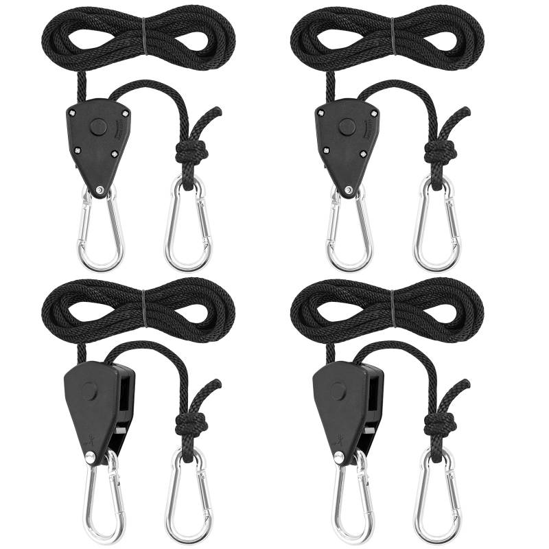 4 Stück 1/8 Zoll Ratchet Hanger Heavy Duty Einstellbare Ratsche Seil Aufhänger für Pflanzen, Seilratsche Ventilatoren & Lampen, 68 kg Tragkraft pro Paar (Geknotete Version) von wiksite