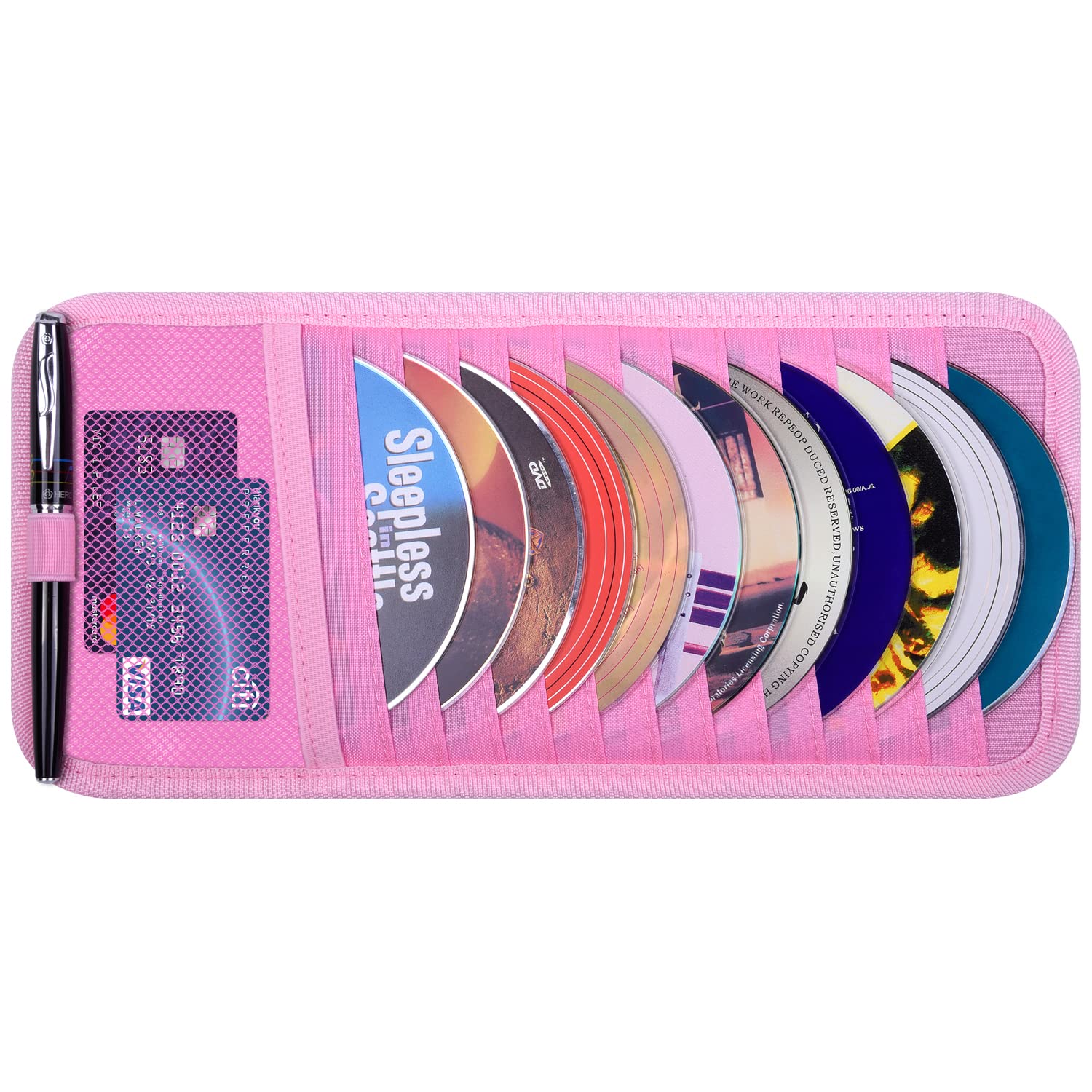 Auto CD Hülle Halterung, Wisdompro Fahrzeug Sonnenblende Organizer für Autos mit 12 DVD-Aufbewahrungshüllen, 1 Netztasche, 1 Stifthalter und Gummiband (Rosa) von Wisdompro