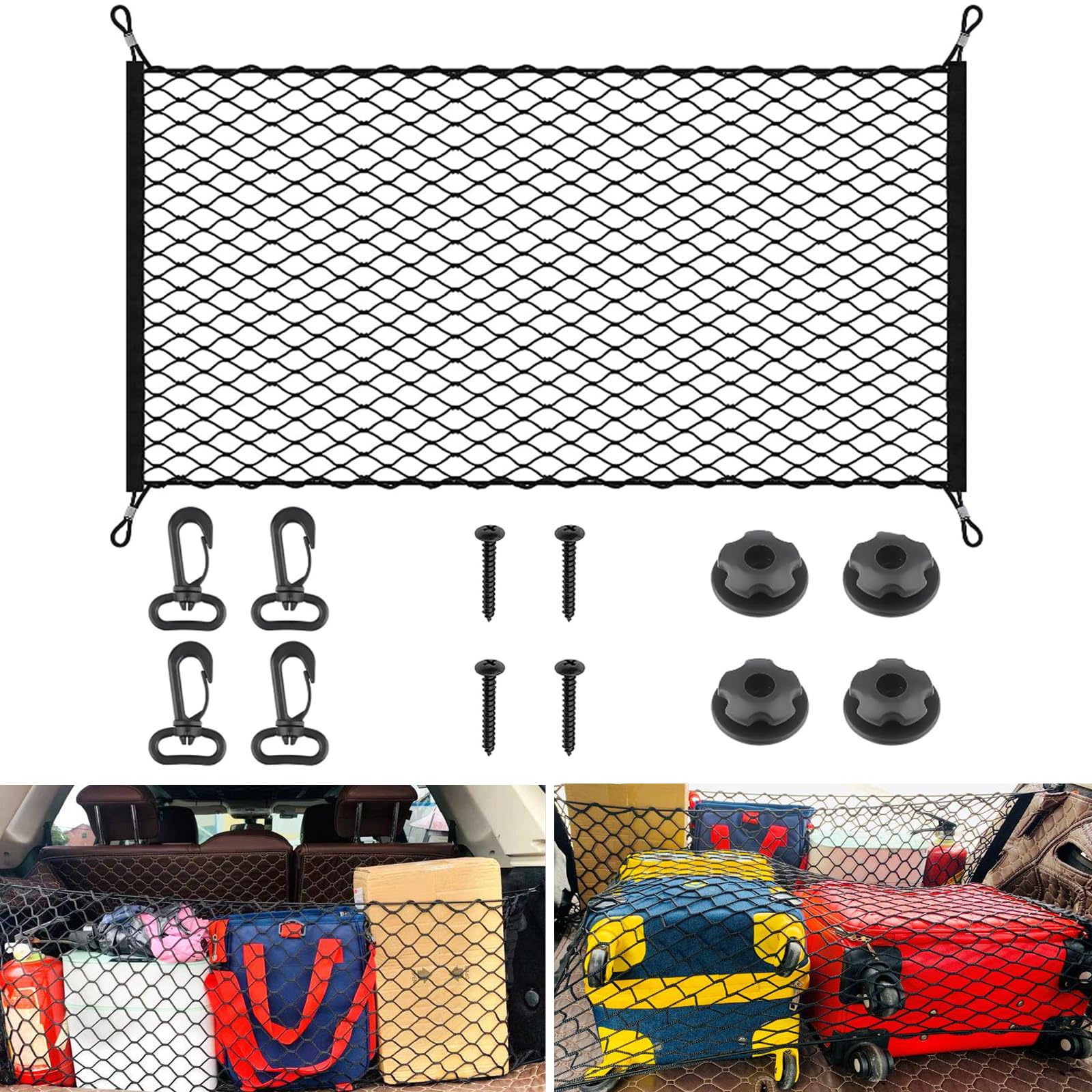 Gepäcknetz Auto 140x100cm Elastisch Kofferraumnetz Auto Kofferraum Ladungssicherungsnetz Gepäcknetz Wohnmobil Kofferraum Gepäcknetz Passend Für Alle Autos Mit 4 Haken 4 Sicherungsringe 4 Schrauben von wohn&lebe