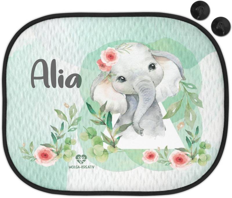 wolga-kreativ Sonnenschutz Auto Fenster Sonnenblende Verdunklung Baby Kinder personalisiert für Seitenscheiben Elefant Blume Mädchen Junge mit Name Wunschname Bedruckt von wolga-kreativ