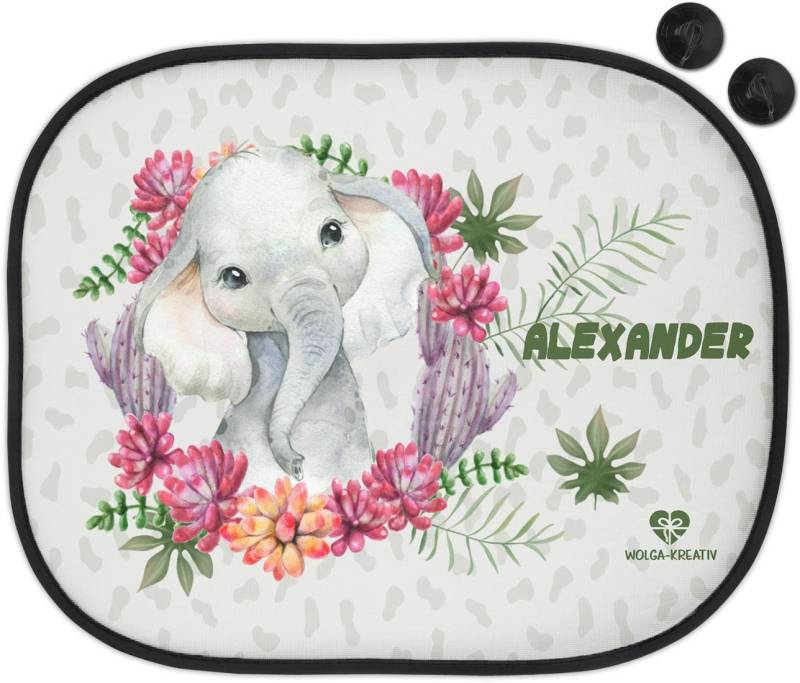 wolga-kreativ Sonnenschutz Auto Fenster Sonnenblende Verdunklung Baby Kinder personalisiert für Seitenscheiben Elefant Mädchen Junge mit Name Wunschname Bedruckt von wolga-kreativ