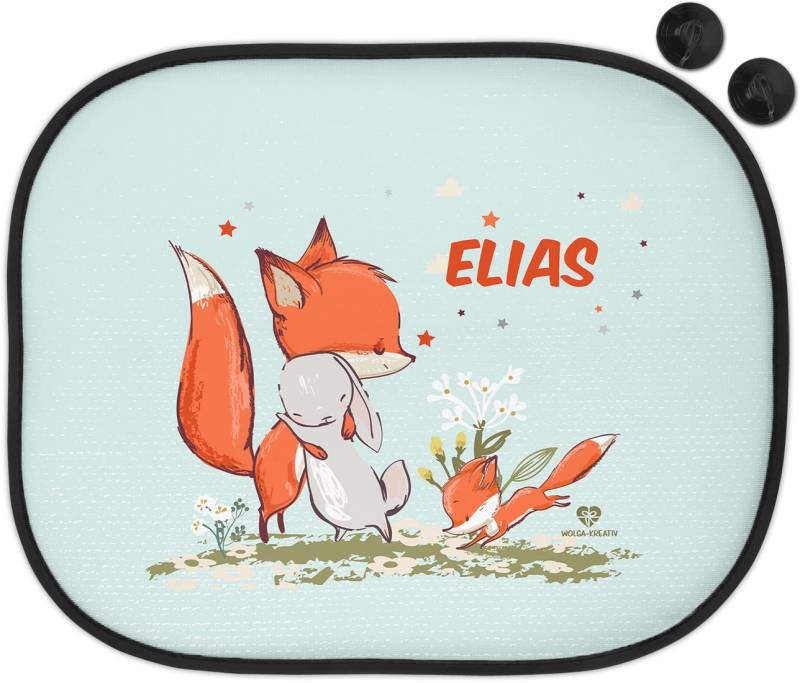 wolga-kreativ Sonnenschutz Auto Fenster Sonnenblende Verdunklung Baby Kinder personalisiert für Seitenscheiben Mädchen Junge Fuchs und Hase mit Name Wunschname Bedruckt von wolga-kreativ