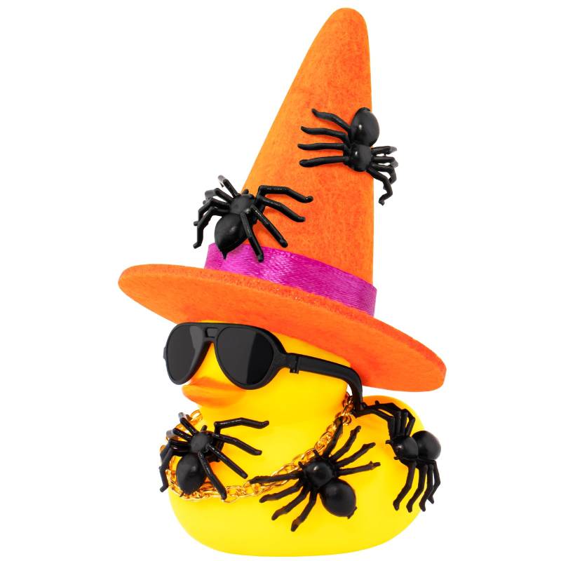 wonuu Spinnen Gummienten für Halloween, Auto Armaturenbrett Dekorationen Ente für Büro Schreibtisch Ornament Zubehör mit Hexenhut Brille Kette Spinne (Orange) von wonuu