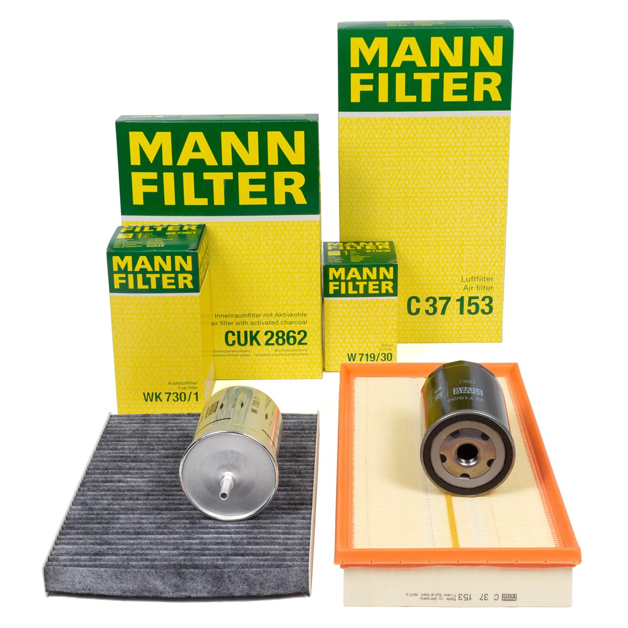 wospel Mann Filterset 4-TLG Kompatibel für VW, Golf 4, Bora, Audi, A3, Kompatibel für 1.6 1.8 / T 2.0 100-180 PS Inspektionspaket Luft, Öl, Pollen, Kraftstoff, Filterset (CUK 2862, WK 730/1, C 37 153 von wospel