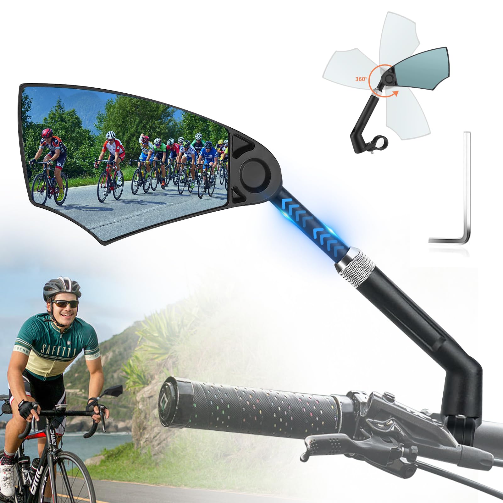 Fahrradspiegel,Dehnbar Rückspiegel Fahrrad,360° Drehbarer Fahrrad Spiegel Links für Rennrad MTB e-scooter e-bike,Fahrradspiegel für Lenker 20-23mm,Blaulichtglas,geringe Blendung (Links) von xiaowanwan