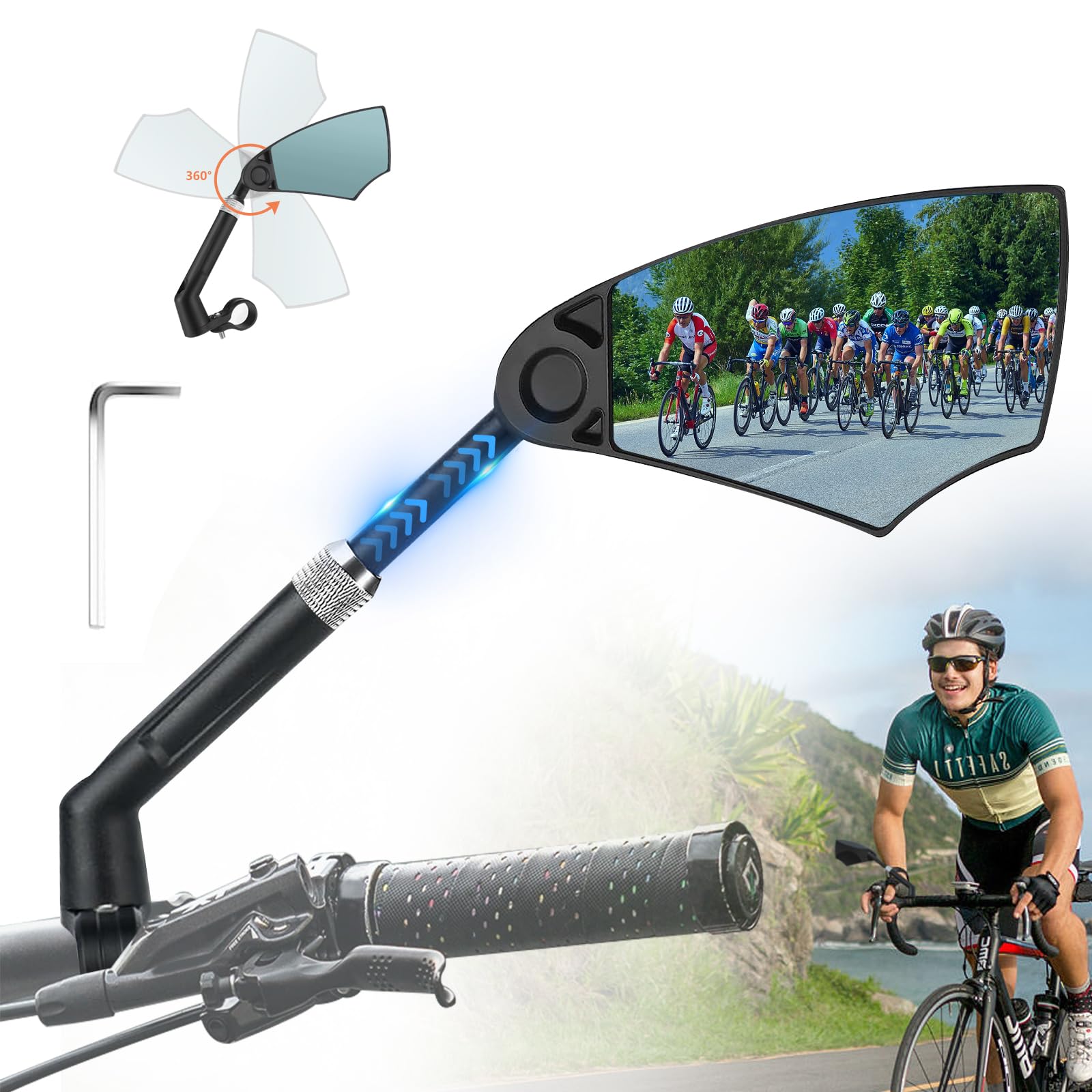 Fahrradspiegel,Dehnbar Rückspiegel Fahrrad,360° Drehbarer Fahrrad Spiegel für Rennrad MTB e-scooter e-bike,20-23mm Lenker,Blaulichtglas,Geringe Blendung (Rechts) von xiaowanwan