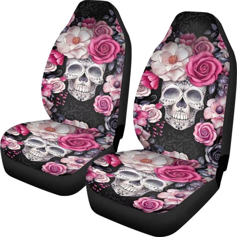 xixirimido Vordersitzbezüge, Motiv: Totenkopf-Rose, komplettes Set mit 2 Stück, universelle Auto-Dekoration, rutschfest, lässig, rutschfest von xixirimido