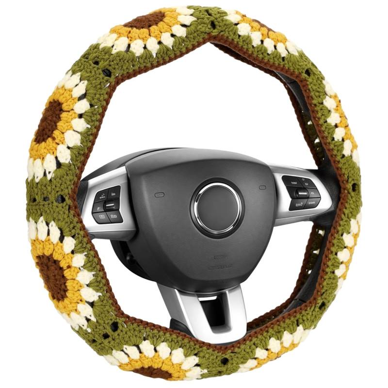 Gestrickter Lenkradbezug mit Sonnenblumen-Design, rutschfest, passend für die meisten Autos und SUVs, Polyester-Material von yeeplant