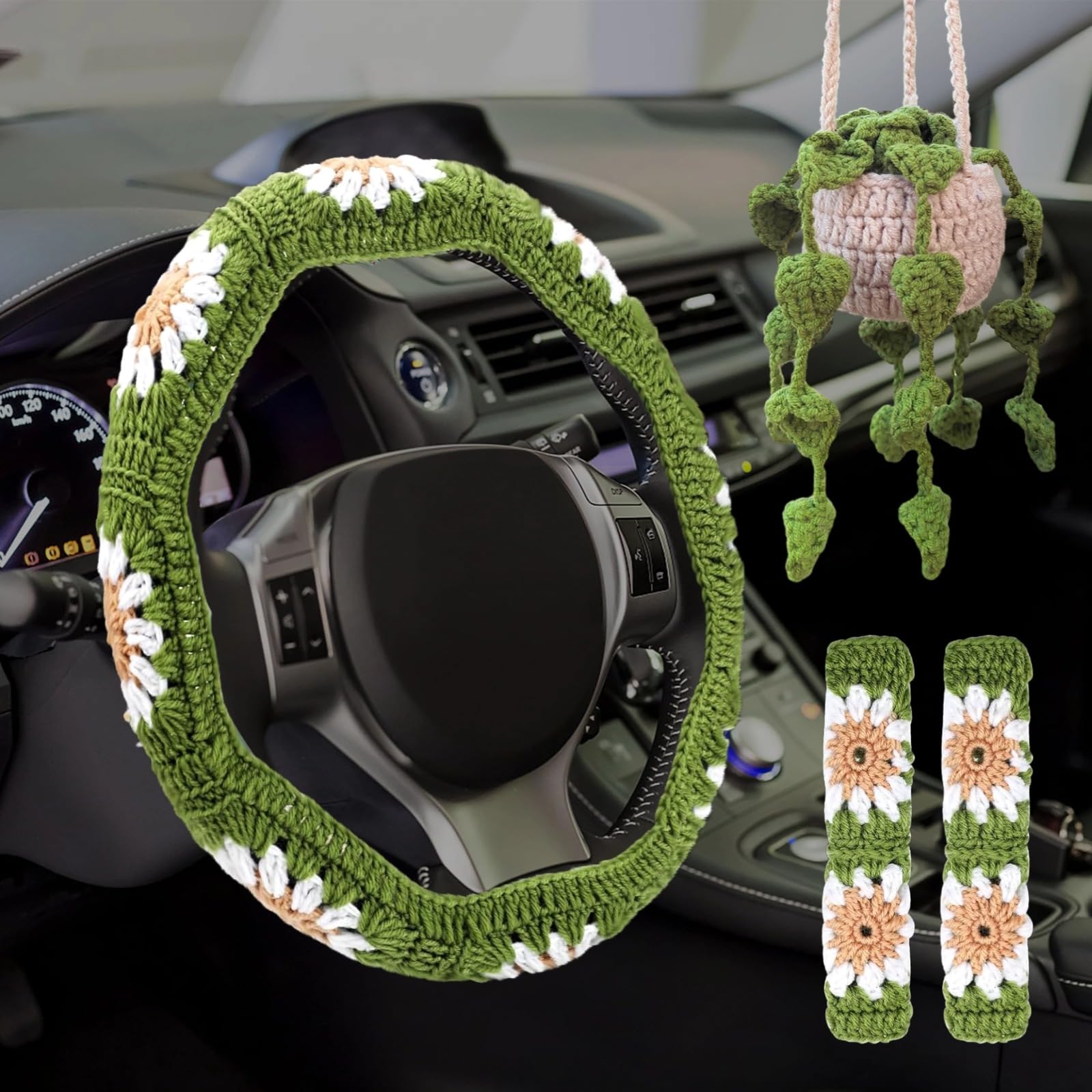 Häkel-Lenkradbezug-Set – Blumenmuster, Polyestergewebe, passend für 35,6 bis 39,9 cm Räder, inklusive Sicherheitsgurtabdeckungen und Pflanzenaufhänger für den Autoinnenraum von yeeplant