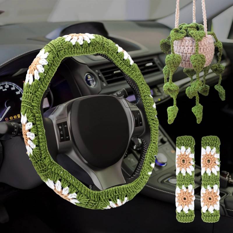 Häkel-Lenkradbezug-Set mit Blumenmuster, Polyester, passend für 35,6 - 39,7 cm Räder, inklusive Sicherheitsgurtabdeckungen und Pflanzenaufhänger für Auto-Innenräume von yeeplant