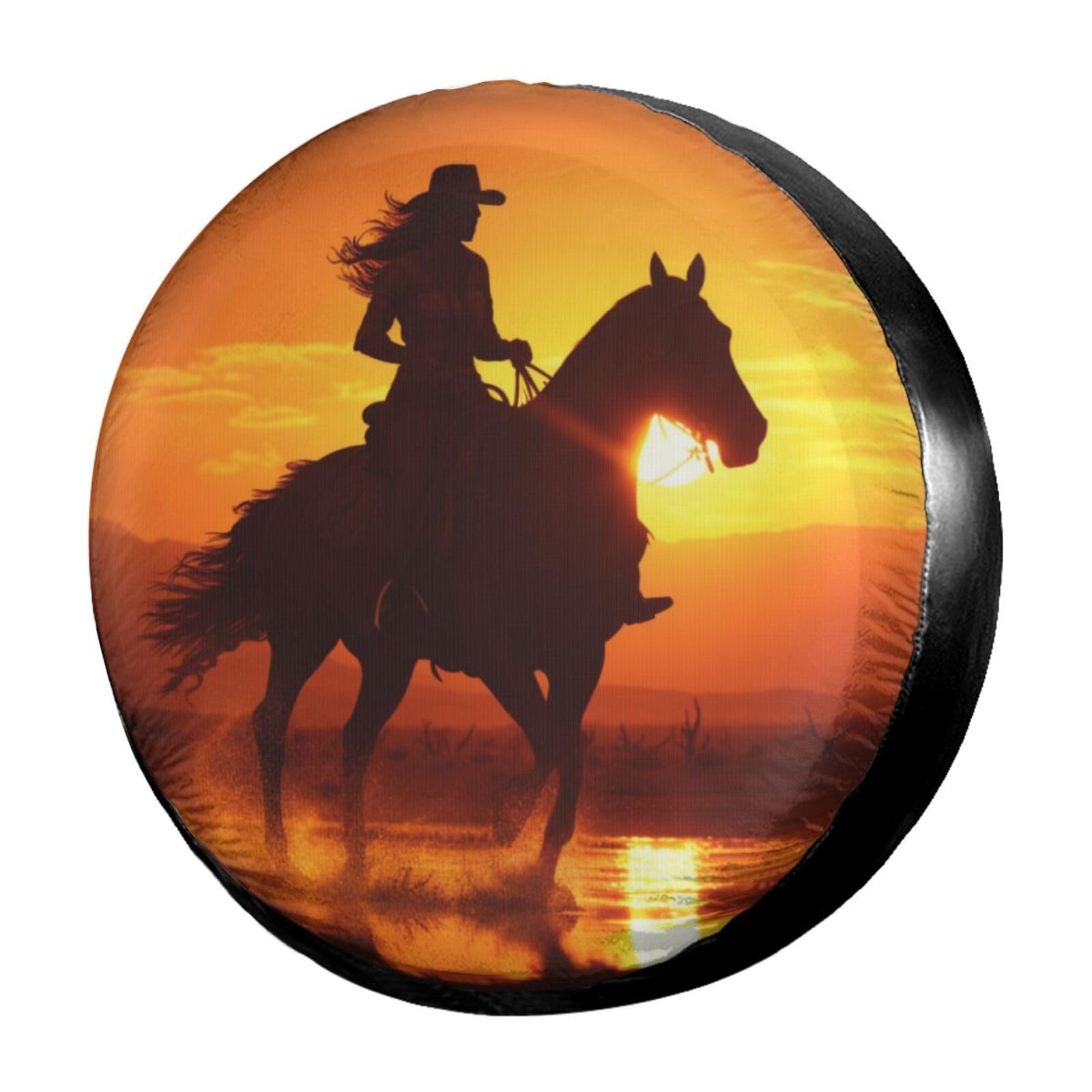 Cowgirl On Horse Sunset Ersatzreifenabdeckung, staubdicht, passend für Anhänger, Wohnmobil, SUV und viele Fahrzeuge, 38,1 cm (15 Zoll) von yomeeaaaa