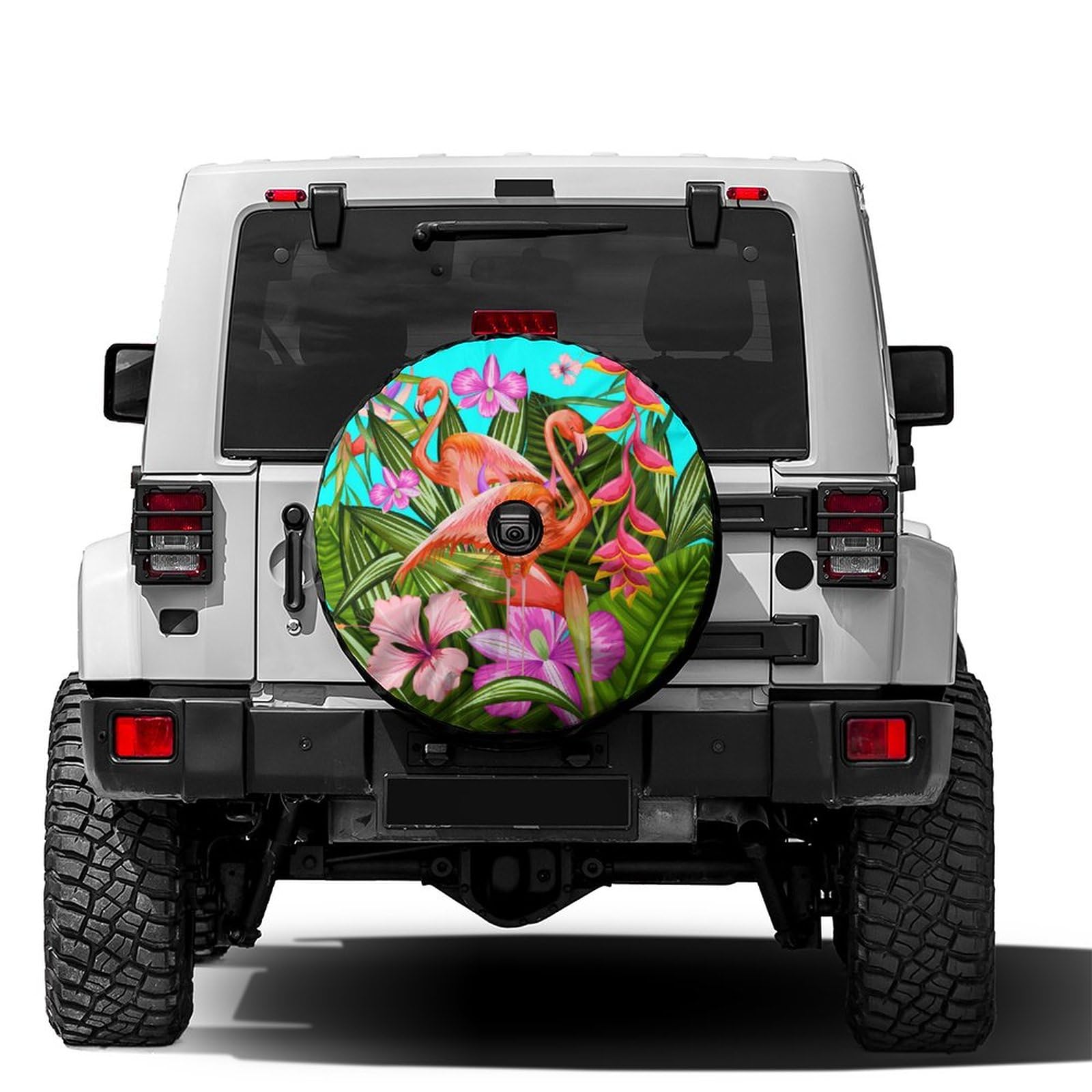 Flamingo Ersatzreifenabdeckung mit Hibiskusblüte und Ersatzkamera-Loch-Rad-Abdeckung, passend für Anhänger, Wohnmobile, SUV und viele Fahrzeuge, 43,2 cm (17 Zoll) von yomeeaaaa