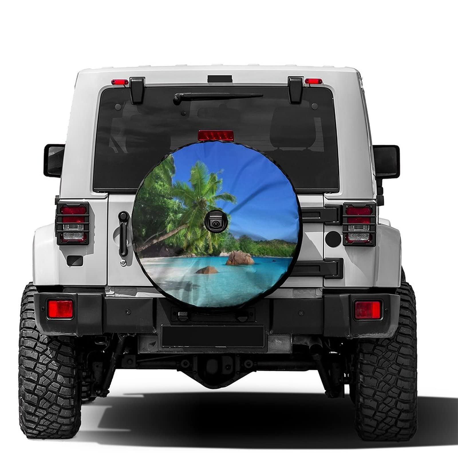 Tropical Paradise Sunshine Beach Coast Sea Palm Trees Reserveradabdeckung mit Ersatzkamera-Loch-Rad-Abdeckung passend für Anhänger, Wohnmobil, SUV und viele Fahrzeuge 43,2 cm (17 Zoll) von yomeeaaaa