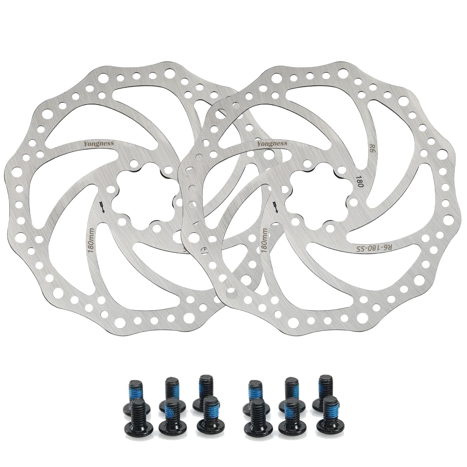 Yongness Fahrrad Scheibenbrems Scheibe 2 Stück 140 mm/160 mm/180 mm,203 mm 6 Loch Bremsscheibe mit 12 Schrauben Edelstahl Bremsscheibe kompatibel mit Shimano Tektro Avid Magura Hayes (Silber 180 mm) von yongness