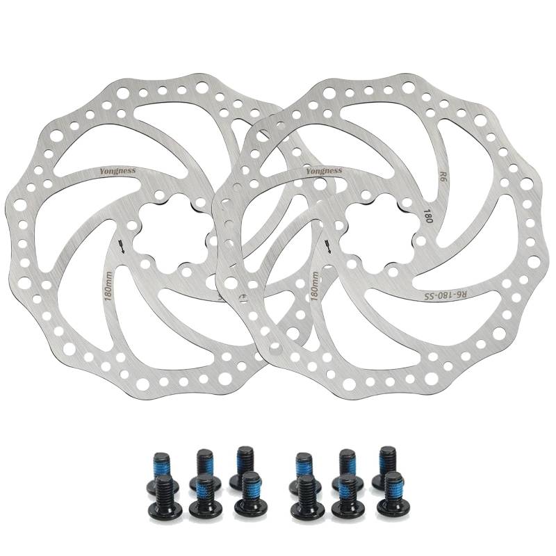 Yongness Fahrrad Scheibenbrems Scheibe 2 Stück 140 mm/160 mm/180 mm,203 mm 6 Loch Bremsscheibe mit 12 Schrauben Edelstahl Bremsscheibe kompatibel mit Shimano Tektro Avid Magura Hayes (Silber 180 mm) von yongness