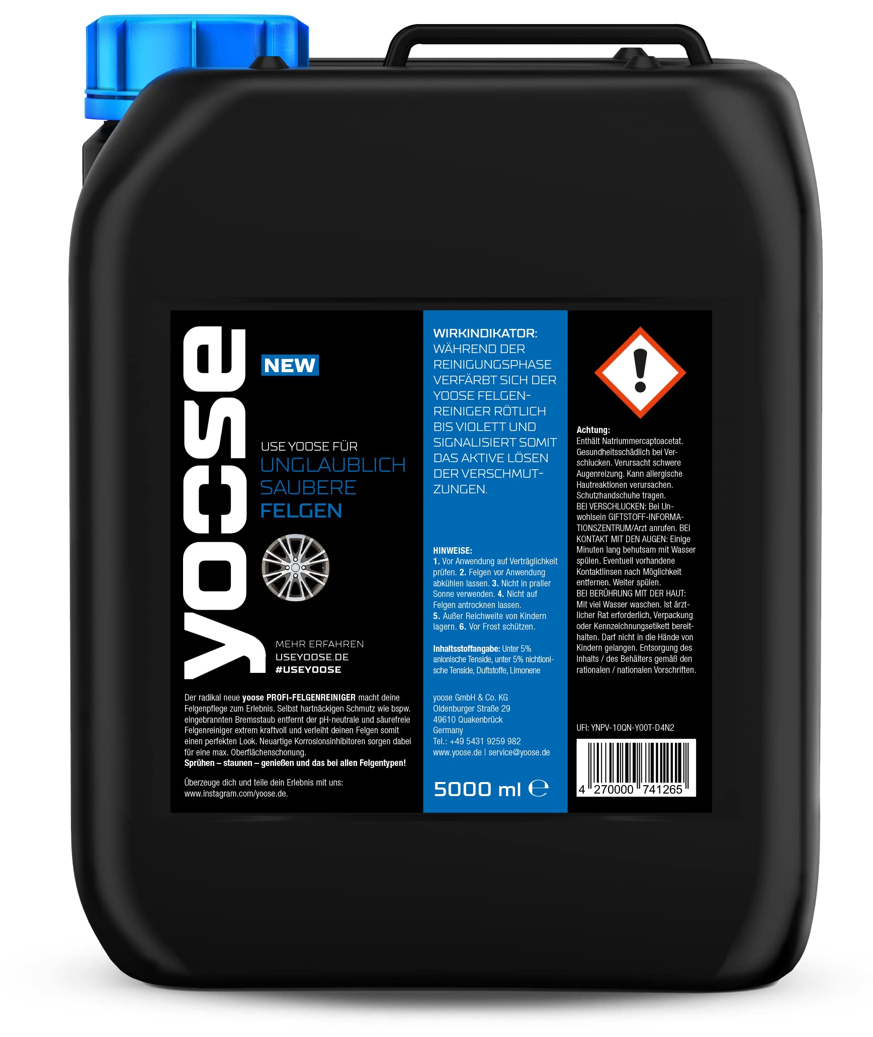 yoose Premium Felgenreiniger pH-neutral säurefrei Professionelle Felgenpflege für Alu- und Stahlfelgen 1x 5 Liter Kanister von yoose