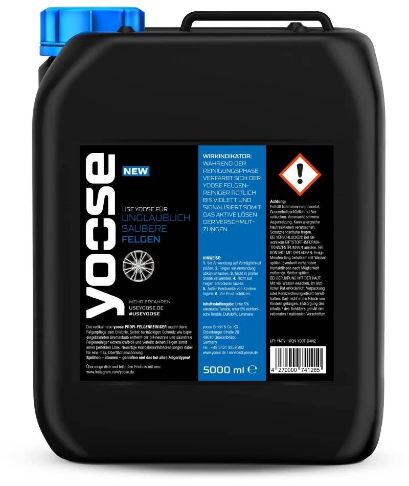 yoose Premium Felgenreiniger pH-neutral säurefrei Professionelle Felgenpflege für Alu- und Stahlfelgen 1x 5 Liter Kanister von yoose