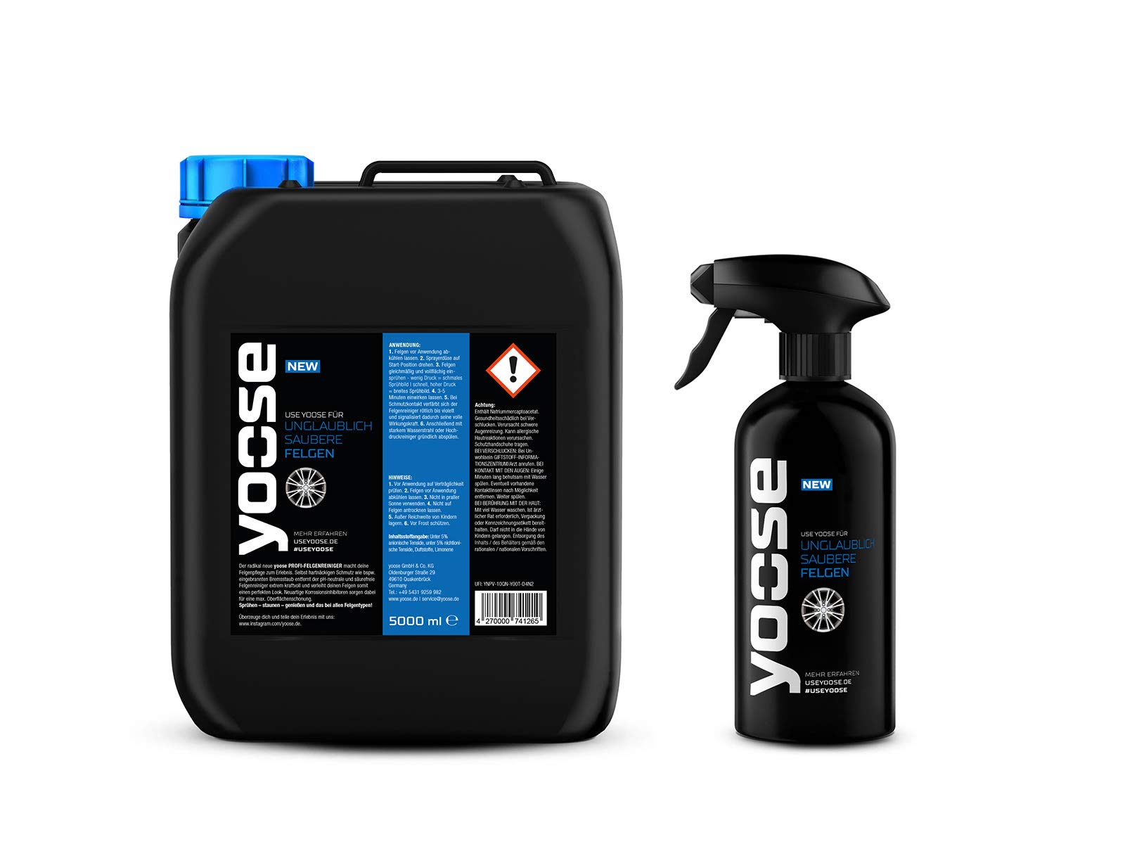 yoose Premium Felgenreiniger pH-neutral säurefrei Professionelle Felgenpflege für Alu- und Stahlfelgen 5 Liter Kanister + 500 ml Leerflasche von yoose