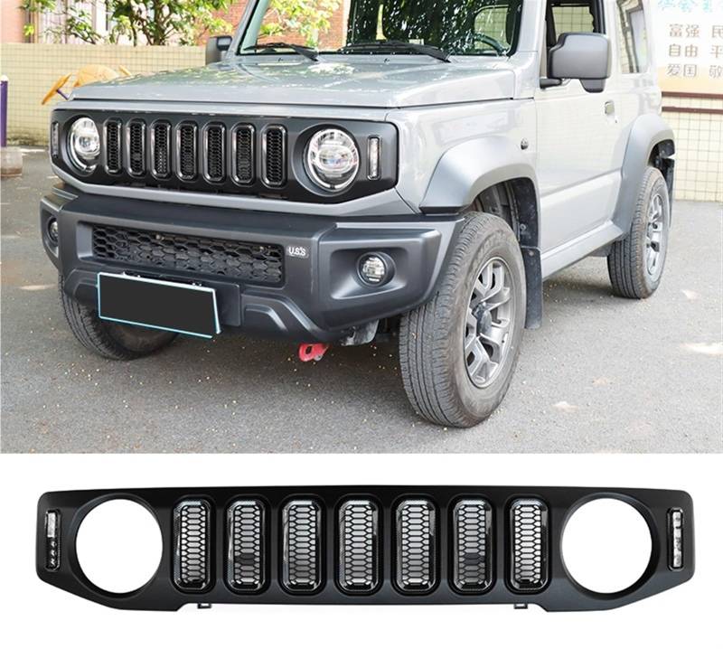 Front-Renngrill mit LED-Lampen, kompatibel for Suzuki Jimny JB64 JB74W 2019 2020, Auto-Nierengrillgitter, schwarzes Kühlergrill-Abdeckungszubehör(Style 2 with LED) von yuxinlugr