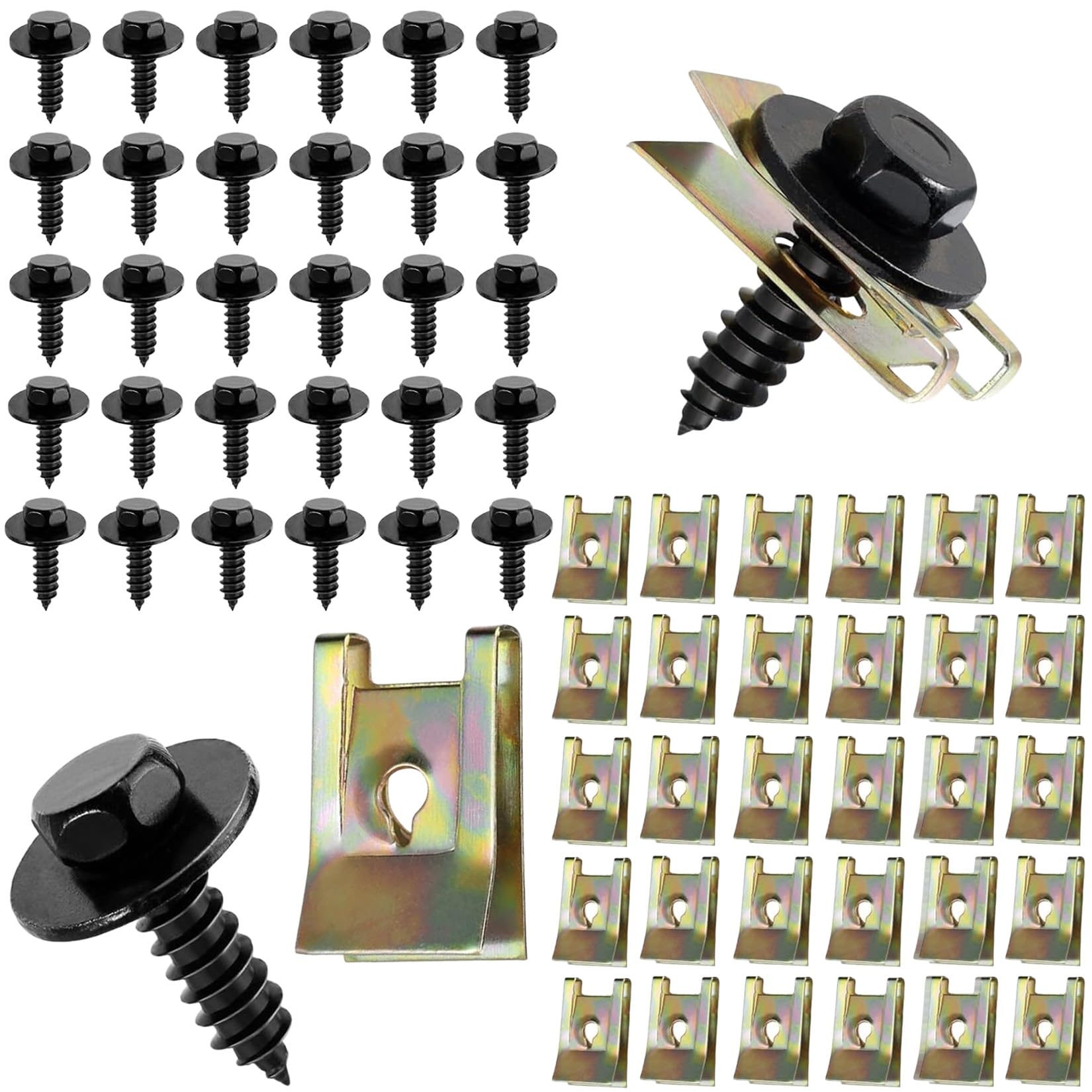 zrfgbxim 60 STK Blechmutter Schraube Mutter Clip Kit: 30 KFZ Karosserieschrauben 30 U Typ Kotflügelclip Blechmuttern Befestigung Clips, Karosserie Klemmen Schnappmutter Set, Blechschrauben von zrfgbxim