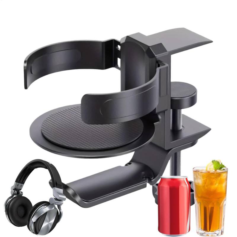 Cup Holder for Desk, Clip on Cup Holder, 2 in 1 Cup Holder and Headphone Hanger, 11.5x2.9cm/4.5x1.1in, Game Desk Cup Holder, 360° Rotating Cup Holder, Clamp Cup Holder for Desk von zwxqe