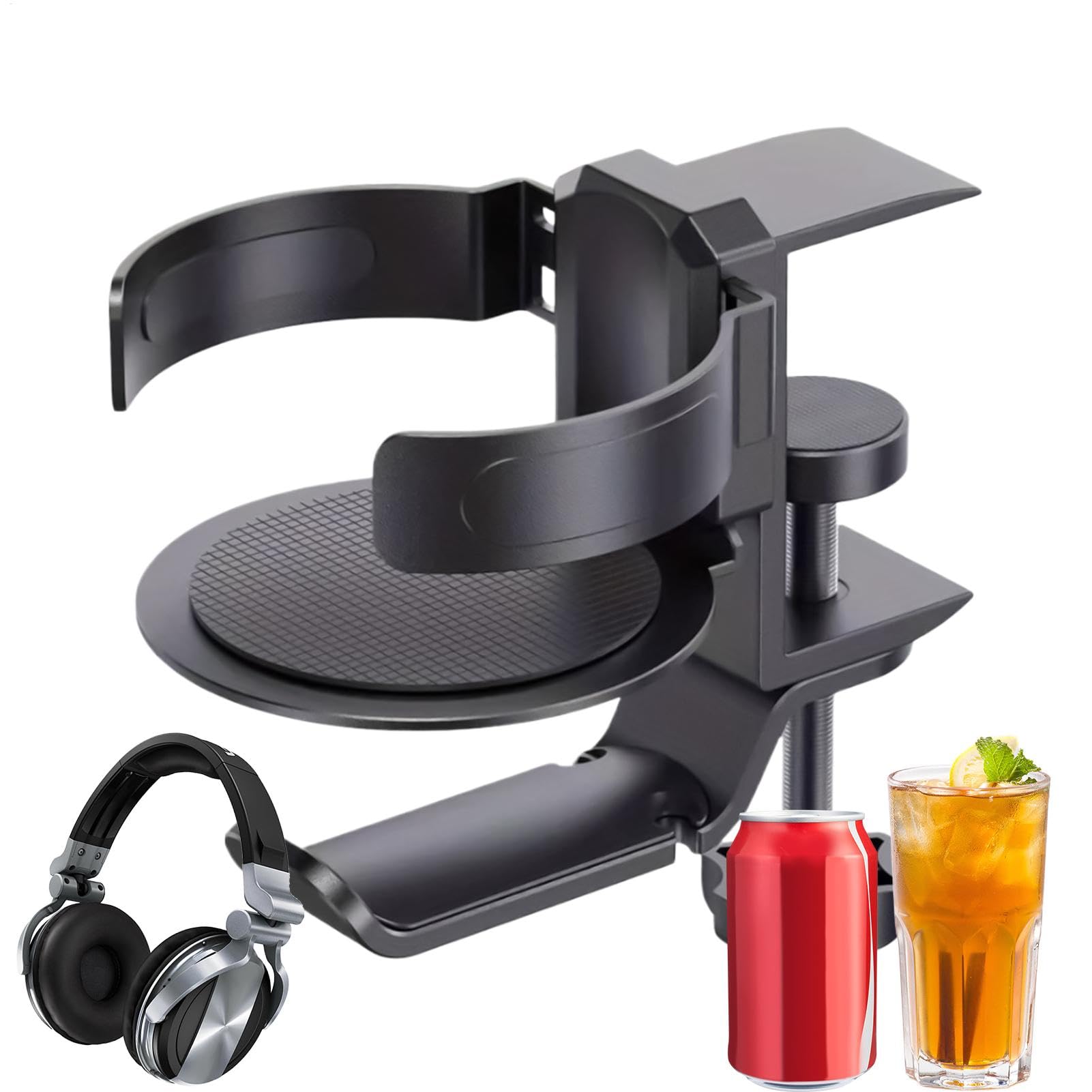 Getränkehalter für Schreibtisch, Clip-on-Getränkehalter, 2-in-1-Getränkehalter und Kopfhörer-Aufhänger, 11,5 x 2,9 cm, Spiel-Schreibtisch-Becherhalter, 360° drehbarer Getränkehalter, von zwxqe