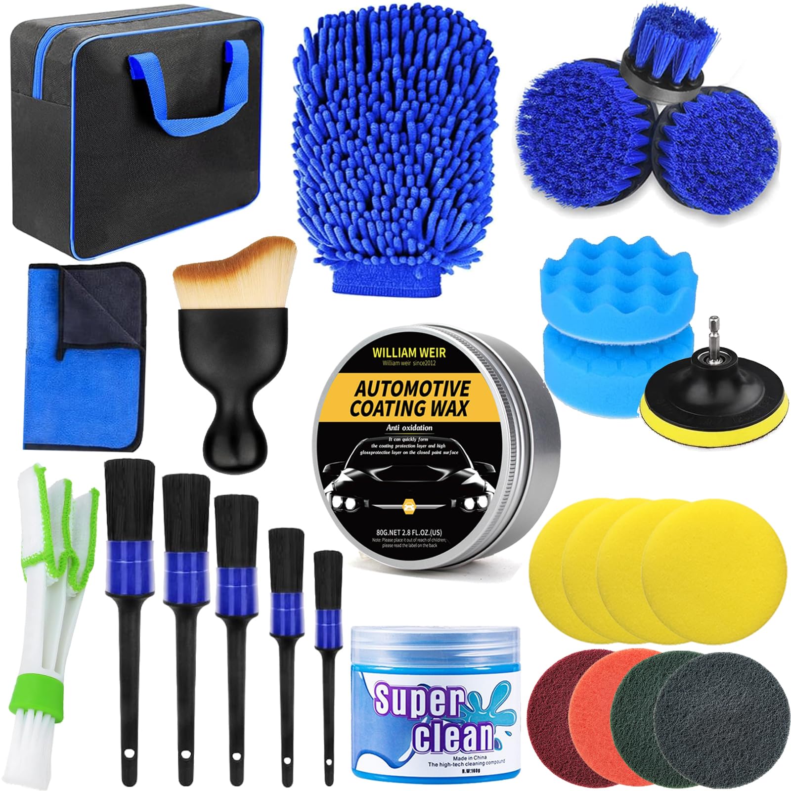 zycBernoi Auto Blau Reinigungsset, 26 Pcs Autopflege Set Auto, Wachs Set, Detailingbürste für Auto Reinigung Innenraum und Außen, Lüftungsschlitz, Armaturenbrett, Motor, Rädern, Haushaltsreinigun von zycBernoi